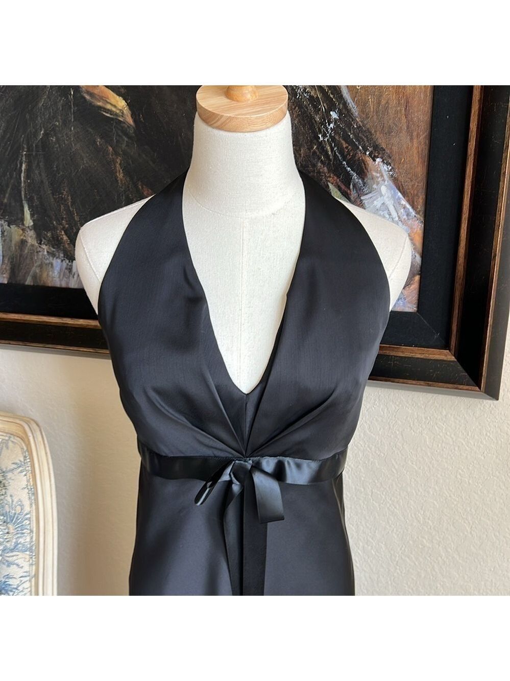 Like New Alfred Sung Black Halter Satin Sash Bow Dress Size 8
